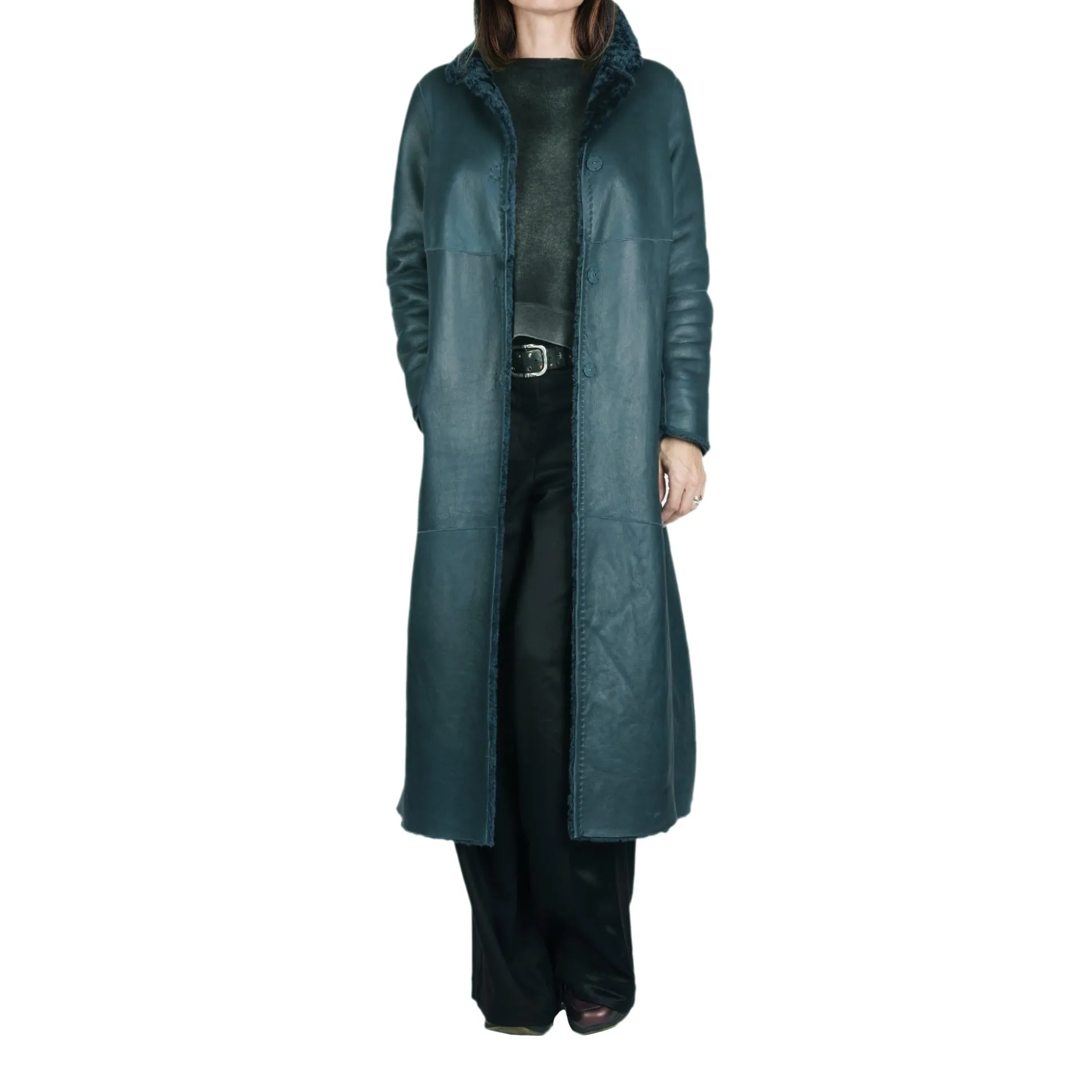 Long Reversible Shearling Coat Teal