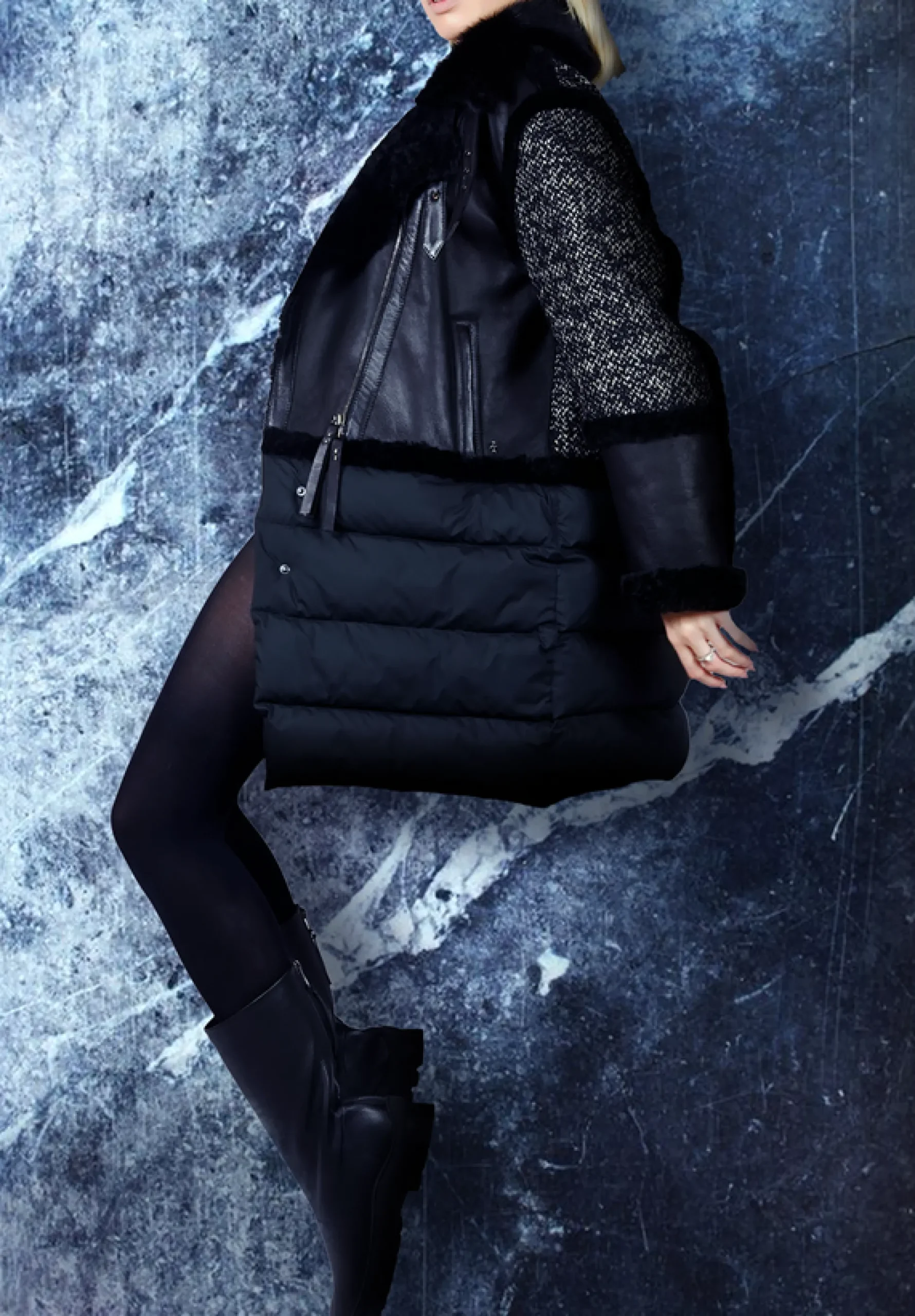 Middle lenght Leather Down Pacaja Jacket Black