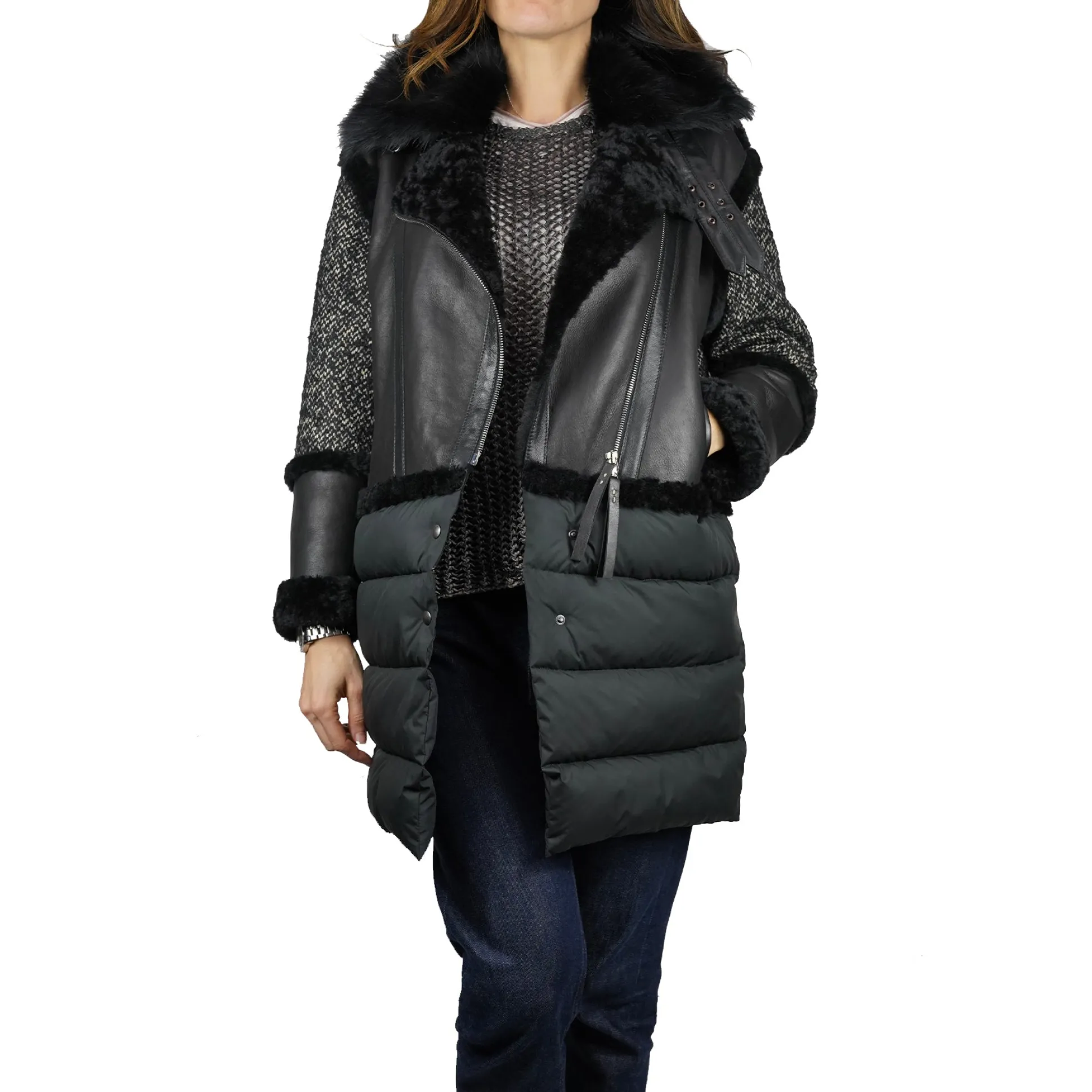 Middle lenght Leather Down Pacaja Jacket Black